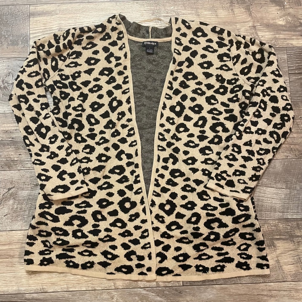 BYdesign Women's Leopard Print Cardigan Sweater Long Sleeve Open Front Pockets L